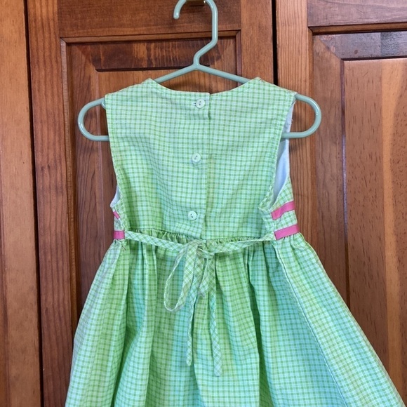 Bonnie Jean Sleeveless Square Neck Green Checkered Cotton Dress Pink Ribbon Trim - Picture 6 of 10